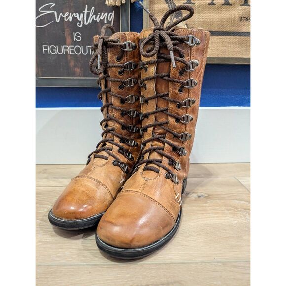 Bed Stu Medallion Lace Up Combat Moto Boots Women’s 8.5 Tan Leather Mid Calf - Picture 5 of 12